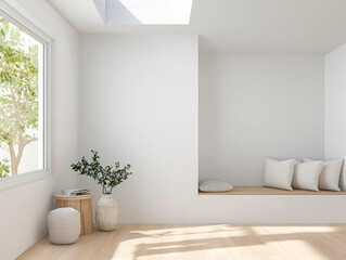Minimalist interior design featuring natural light and cozy seating area in a modern living space
