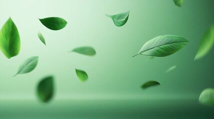 Serene 3D Green Eco Background with Scattered Leaves and Soft Focus for Campaign Text Space