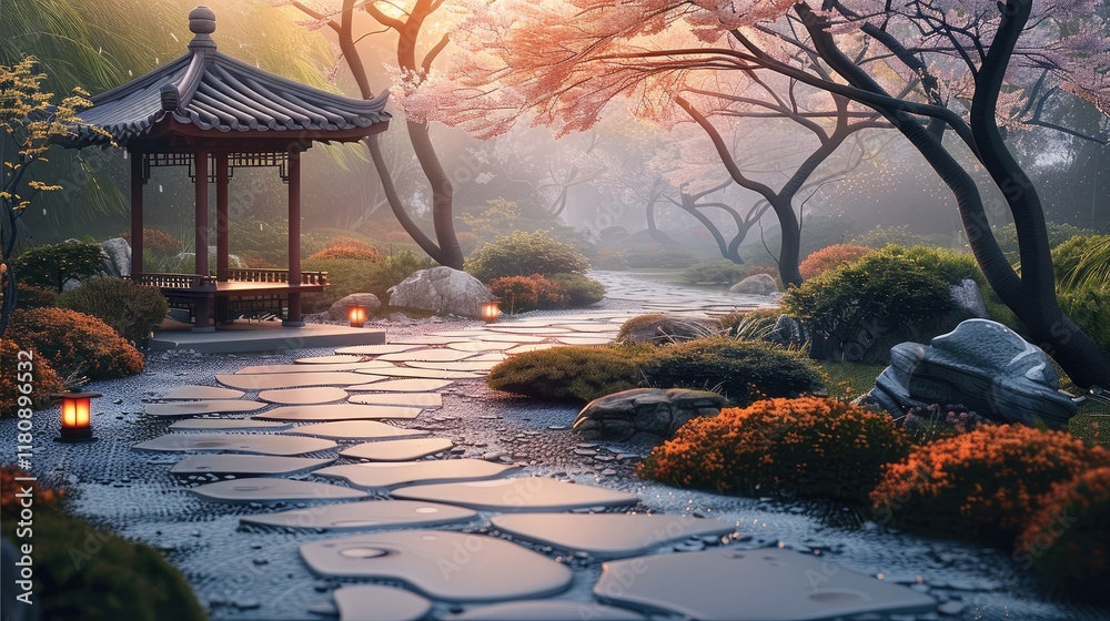 Poster a tranquil zen garden at dusk, featuring a weathered stone pathway leading to an ancient temple. the