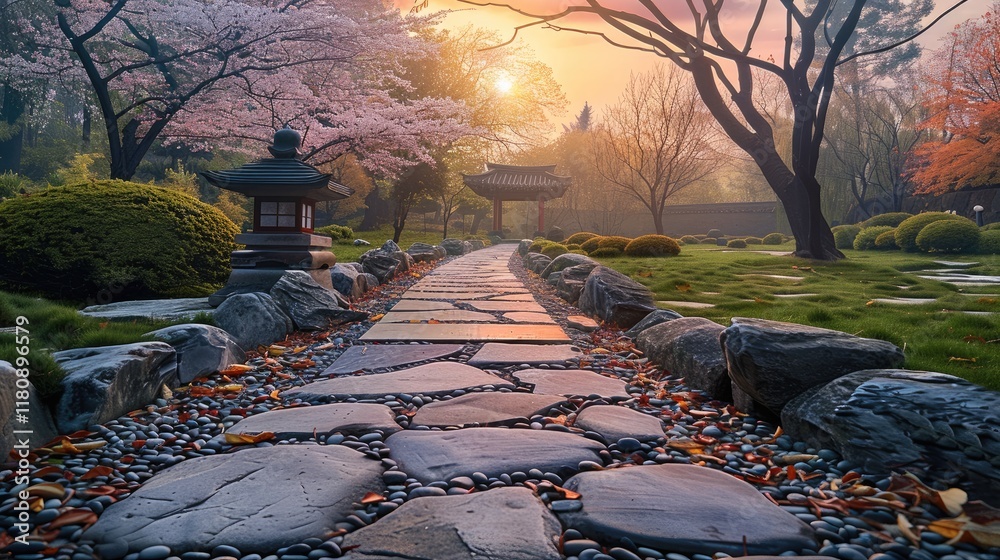 Poster a tranquil zen garden at dusk, featuring a weathered stone pathway leading to an ancient temple. the