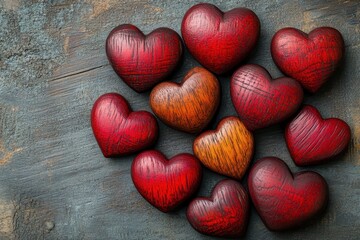 Fototapeta premium Red wooden hearts arranged on a rustic surface, symbolizing love and connection during a creative art project