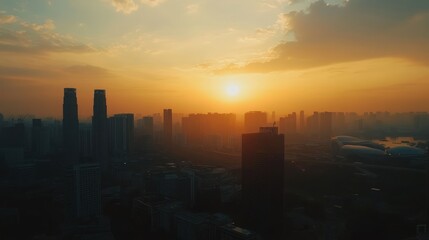 Fototapeta premium A sunset view over a city skyline, highlighting urban buildings against a colorful sky.