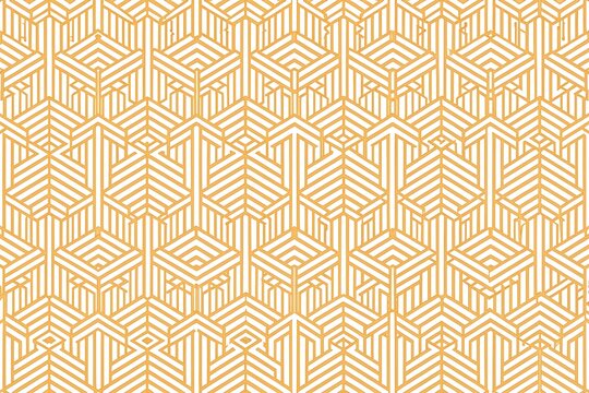 A repeating pattern of golden geometric shapes, forming a grid with a white background. The pattern consists of interlocking squares and diamonds.