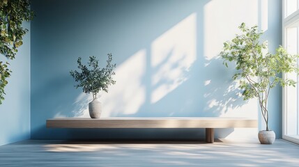 Minimalist room, plants, sunlight, bench, blue wall, interior design mockup