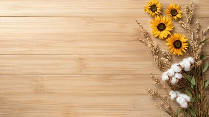 Obraz premium A wooden background with a bunch of yellow flowers and cotton balls