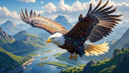 The eagle spreads its wings and flies high