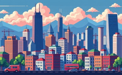 Obraz premium A pixelated cityscape illustration featuring a mix of modern skyscrapers and historic buildings, set against a vibrant blue sky with fluffy clouds.