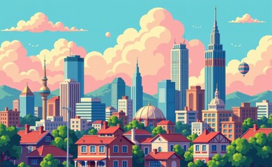 Obraz premium A pixelated cityscape illustration featuring a mix of modern skyscrapers and historic buildings, set against a vibrant blue sky with fluffy clouds.