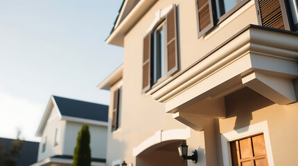 Obraz premium Beige House Exterior with Brown Shutters and Crown Molding