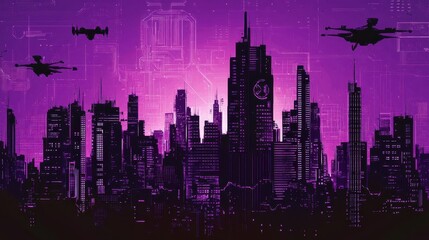 Futuristic Cityscape Drones Flying Above Neon Towers