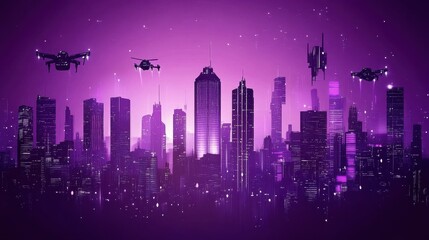 Futuristic Cityscape Drones Flying Over Illuminated Towers