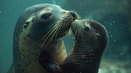 Fototapeta premium A tender moment between a seal and its pup underwater.