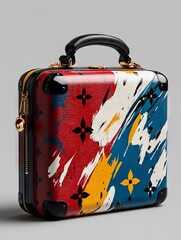 A multicolored suitcase with a black handle on a gray background