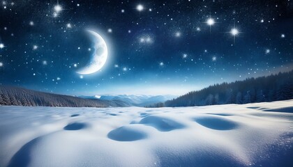 Naklejka premium 星が綺麗に輝く夜空の背景に浮かぶ月と雪景色のイラスト。aiで生成