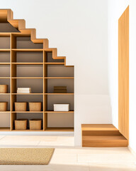 Modern interior design featuring innovative shelving and steps in a bright space