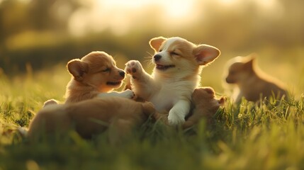 A photo of a group of puppies playing together in a grassy field.