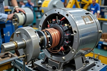 Industrial Electric Motor Components Closeup Copper Wiring Rotor Stator Assembly