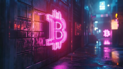 Obraz premium Cyberpunk alleyway Bitcoin neon sign, night, futuristic