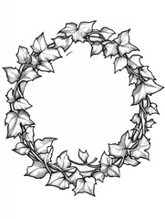 Wreath Of Ivy With Stylized Leaves Forming Circular Decorative Frame Black And White Drawing