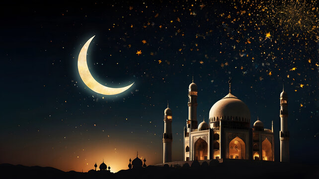 Ramadan kareem islamic greeting and 3d Crecent moon with lantern for Ramadan and Eid background. Design template with mosque for Muslim festival.
