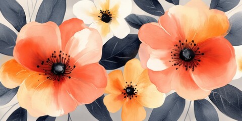 Vibrant Floral Composition with Coral and Yellow Flowers Against Leafy Background