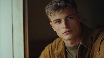 Obraz premium Reflective portrait of a young man indoor setting emotional capture natural light