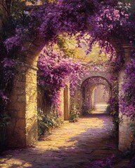 Obraz premium Serene Pathway Surrounded by Lush Bougainvillea in a Sunlit Garden Setting