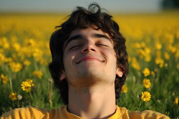 Young Man Smiling Blissfully in a Yellow Flower Field Under a Clear Blue Sky