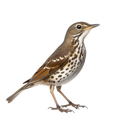 Fototapeta premium a detailed of a bird. showcasing its distinctive features. including a speckled breast and brownish plumage. set against a plain white background the focus highlights the bird's posture and characteri