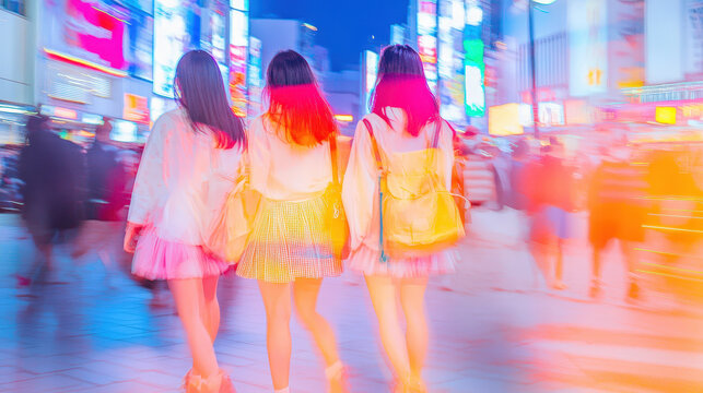 Three Fashionable Friends Exploring Tokyo's Vibrant Night Scene with Gyaru Style in High ISO Grainy Film Aesthetic
