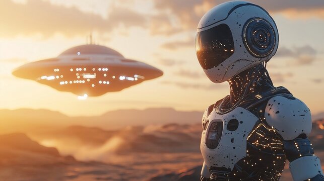 Alien encounter futuristic robot meets ufo in desert landscape at sunset