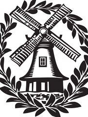 Vintage Style Windmill Illustration With Leaves Bordering The Round Frame