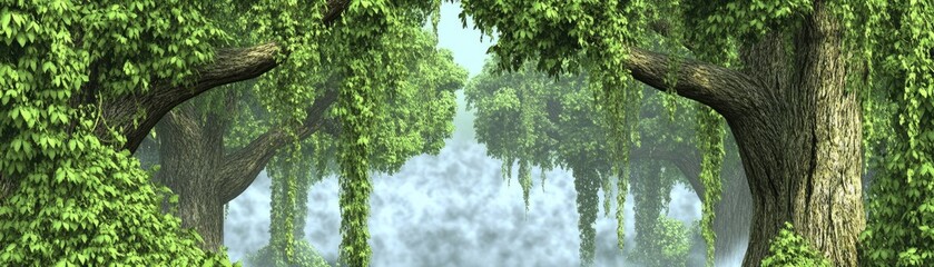 Fototapeta premium A serene forest scene with lush trees and fog, creating a tranquil atmosphere.