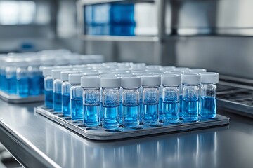 Research facility close-up blue solutions in laboratory experiments and clean environments