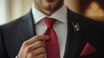 Groom adjusts tie, indoor wedding prep, blurred background