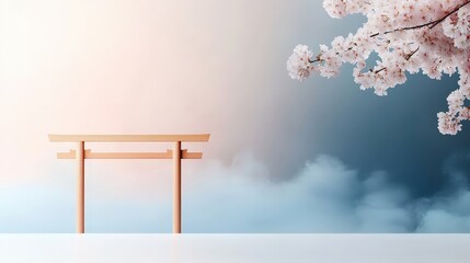 Pastel Japanese wedding scene torii gate sakura branches contemporary minimalist Realistic photograph 