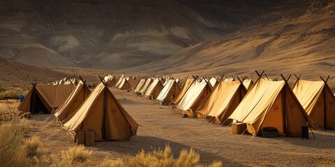 A row of tan canvas tents set against a desert landscape, suggesting a camping or retreat site.
