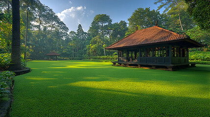 Lush tropical garden with traditional gazebo.