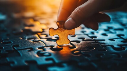 Hand placing final puzzle piece, dark background, solution concept