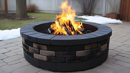 Round brick fire pit burning brightly outdoors.
