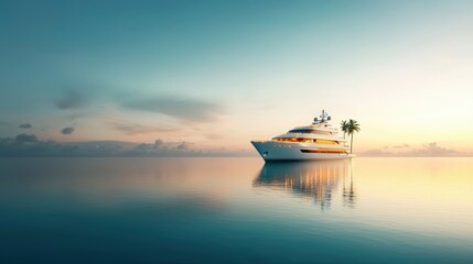 Obraz premium A large white boat is floating on the ocean with a palm tree in the water