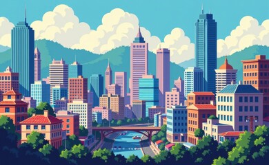 A pixelated cityscape illustration featuring a mix of modern skyscrapers and historic buildings, set against a vibrant blue sky with fluffy clouds.
