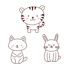 Set of Cute Tiger Rabbit Dog Animal Doodle Cartoon Character in Line Art Design