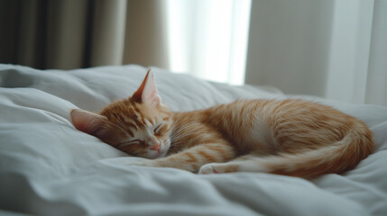 kitten sleeps on a bed at home.