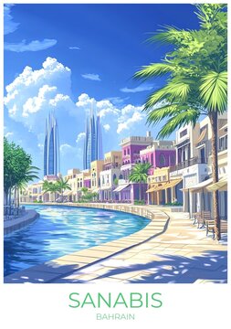 Sanabis Bahrain Travel Poster Flat Illustration Print Decor Gift Canvas Wall Art Gift