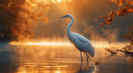 Naklejka premium A white crane standing on the lake, golden light, mist, the river is wide and winding.