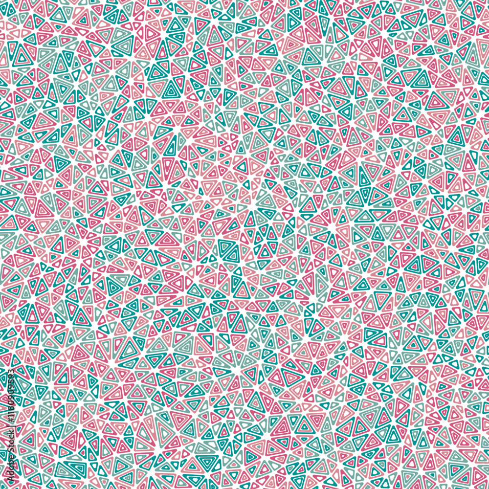 Poster abstract mosaic background. multiple repeated inner triangles. small triangles size. multicolored st