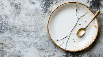 A cracked plate with a golden spoon, symbolizing beauty in imperfection.