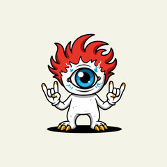 A cute one-eyed monster with fiery red hair makes the rock-and-roll hand gesture.