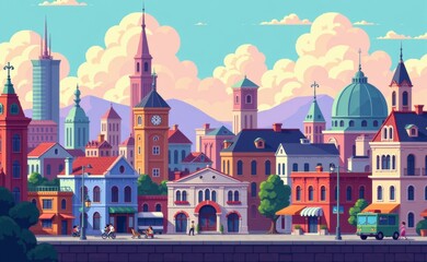 A pixelated cityscape illustration featuring a mix of modern skyscrapers and historic buildings, set against a vibrant blue sky with fluffy clouds.